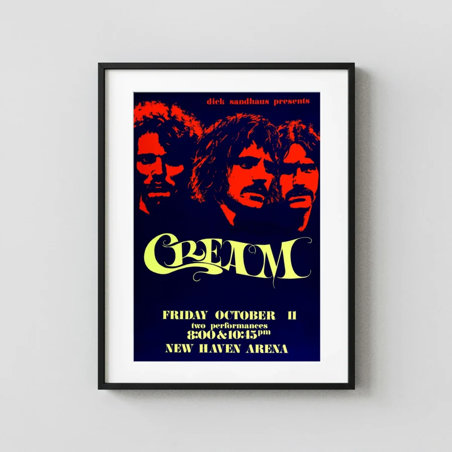 Cream with Eric Clapton 1968 New Haven, CT Farewell Tour Concert Poster featuring black, white, and red vertical artwork.