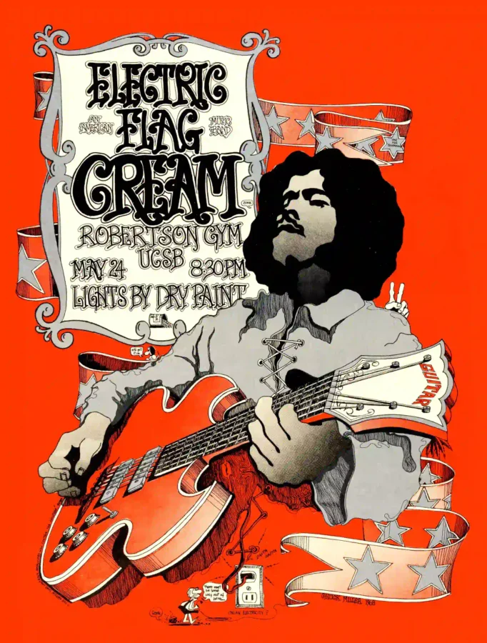 Cream with Eric Clapton 1968 UC Santa Barbara Concert Poster featuring orange, light gray, and white vertical artwork.