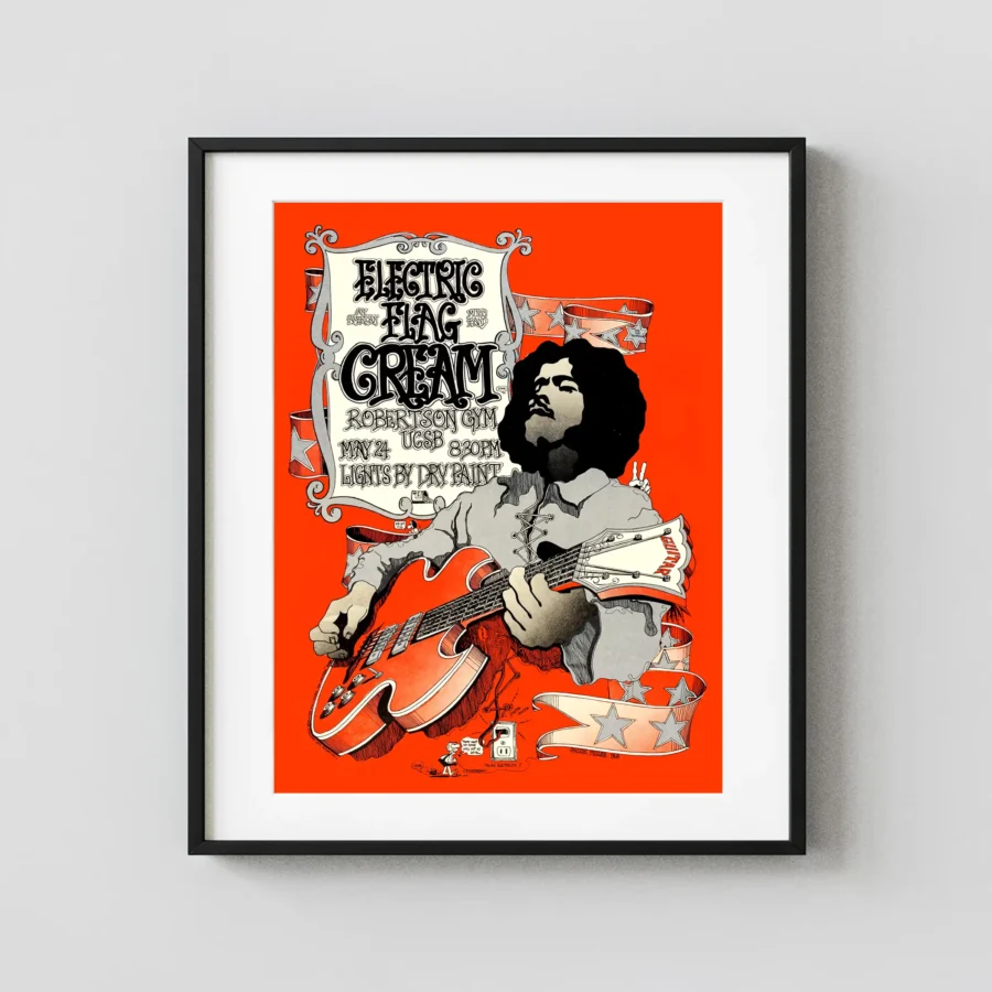 Cream with Eric Clapton 1968 UC Santa Barbara Concert Poster featuring orange, light gray, and white vertical artwork.