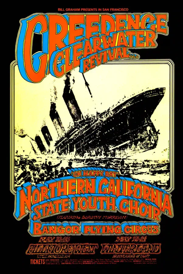 Creedence Clearwater 1969 "Titanic" San Francisco Concert Poster featuring black, cream, and orange vertical artwork.