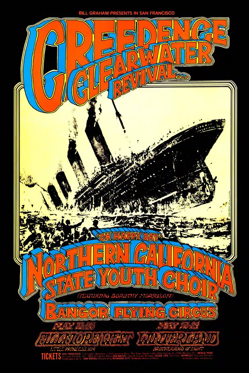 Creedence Clearwater 1969 "Titanic" San Francisco Concert Poster featuring black, cream, and orange vertical artwork.