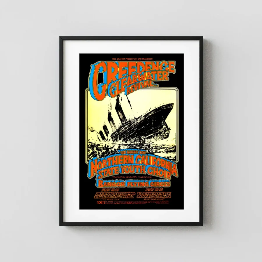 Creedence Clearwater 1969 "Titanic" San Francisco Concert Poster featuring black, cream, and orange vertical artwork.