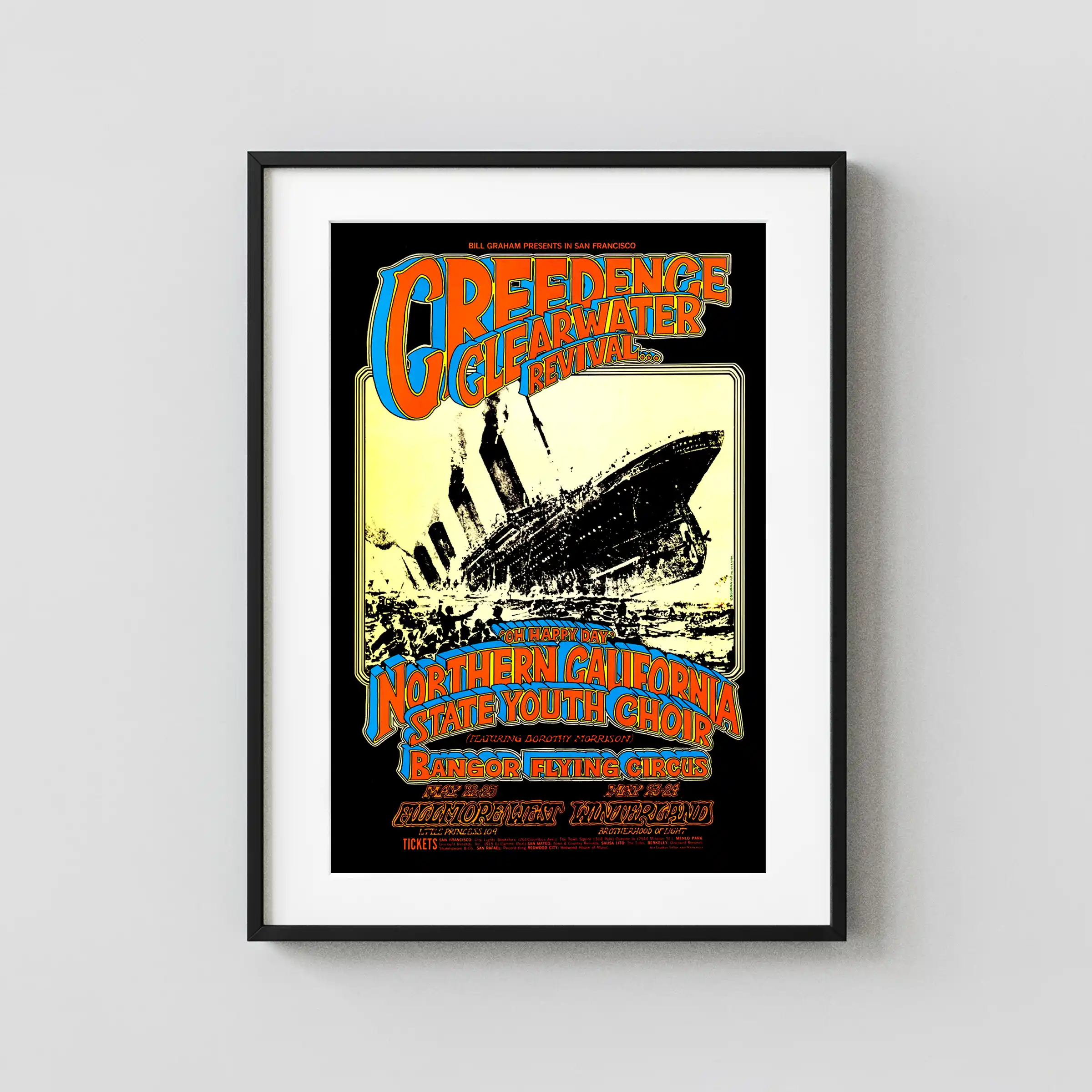Creedence Clearwater 1969 "Titanic" San Francisco Concert Poster featuring black, cream, and orange vertical artwork.