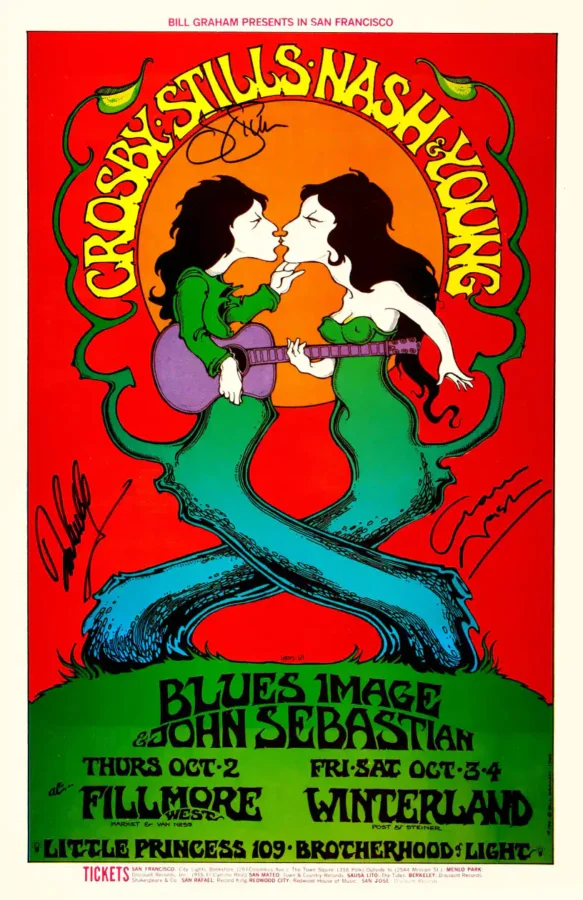 Crosby, Stills, Nash & Young 1969 San Francisco Concert Poster featuring red, white, and deep green vertical artwork.