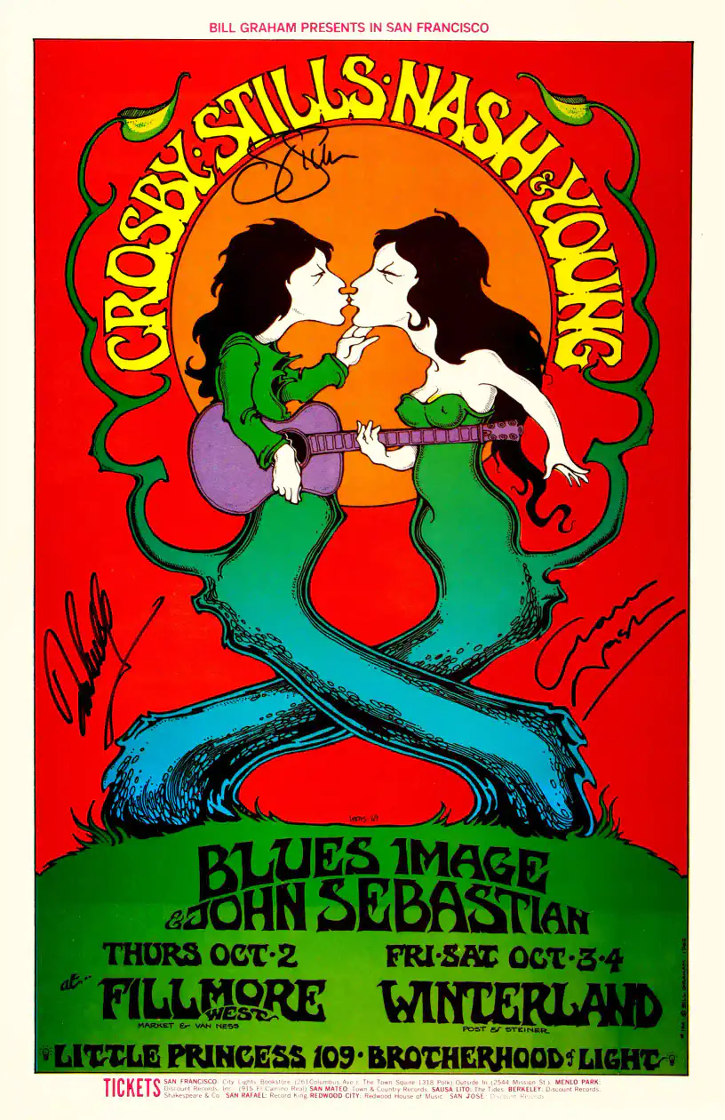 Crosby, Stills, Nash & Young 1969 San Francisco Concert Poster featuring red, white, and deep green vertical artwork.