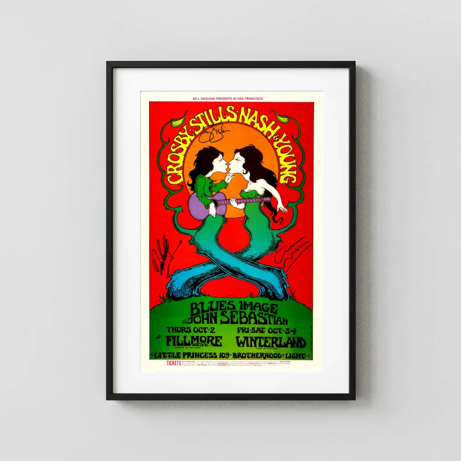 Crosby, Stills, Nash & Young 1969 San Francisco Concert Poster featuring red, white, and deep green vertical artwork.