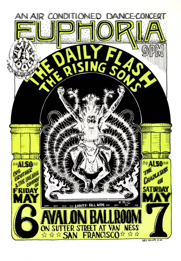 Daily Flash, Rising Sons "Euphoria" Avalon Ballroom Concert Poster featuring white, black, and light gray vertical artwork.