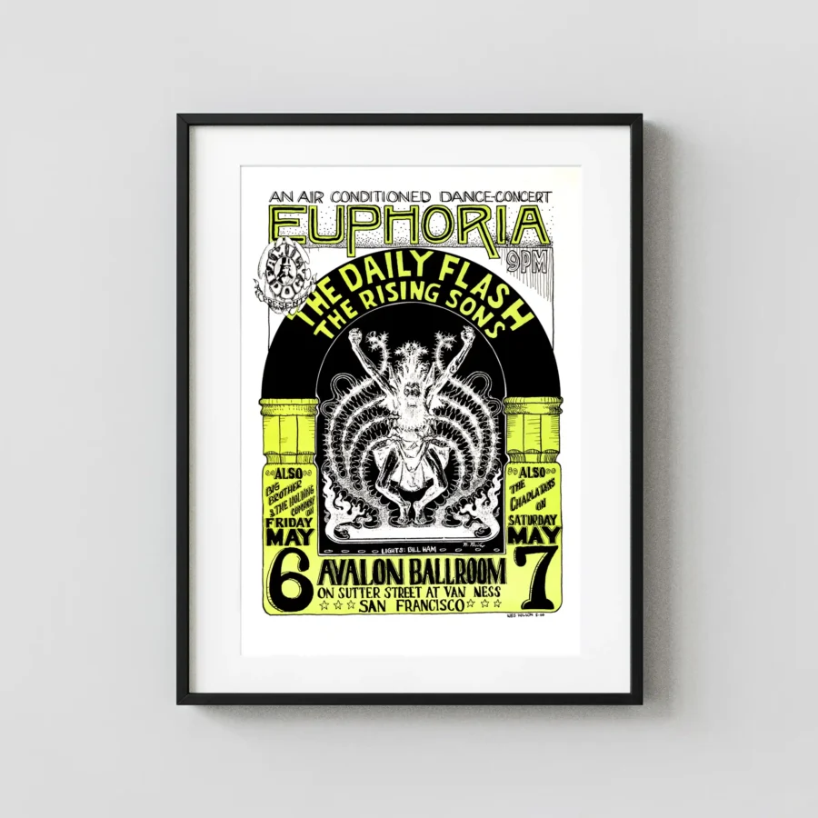 Daily Flash, Rising Sons "Euphoria" Avalon Ballroom Concert Poster featuring white, black, and light gray vertical artwork.