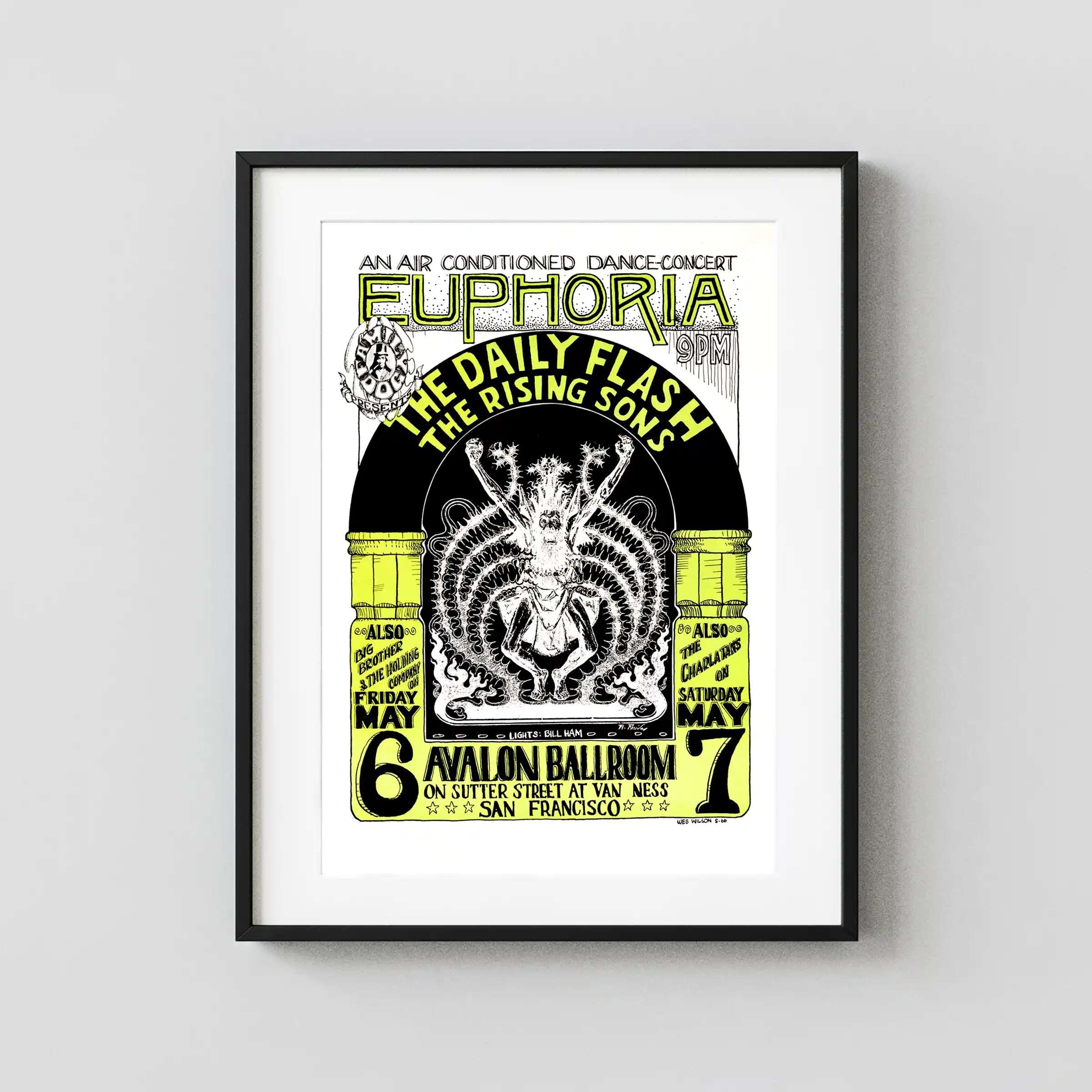 Daily Flash, Rising Sons "Euphoria" Avalon Ballroom Concert Poster featuring white, black, and light gray vertical artwork.