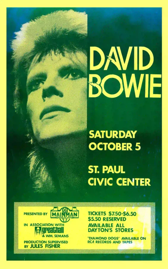 David Bowie Diamond Dogs-Era 1974 Minnesota Concert Poster featuring deep green, cream, and green vertical artwork.