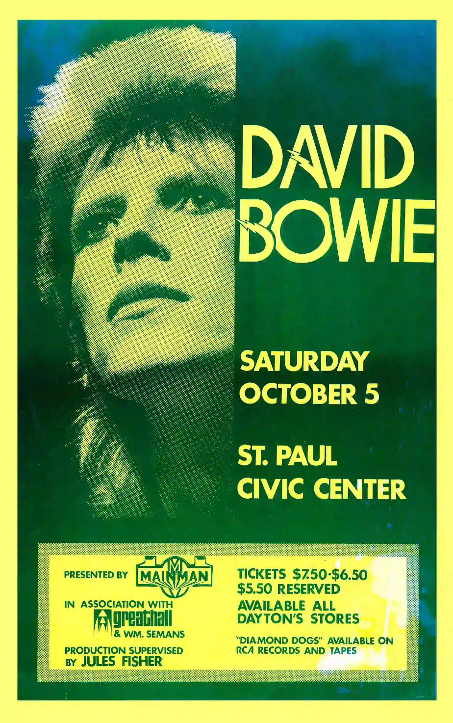 David Bowie Diamond Dogs-Era 1974 Minnesota Concert Poster featuring deep green, cream, and green vertical artwork.