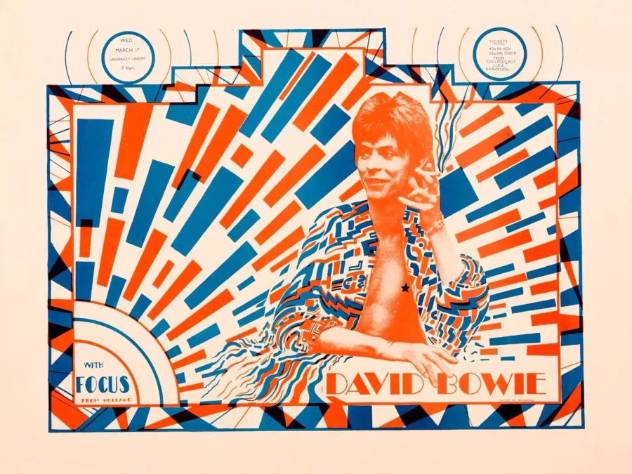David Bowie, Ziggy Stardust University Union Concert Poster (1972) featuring white, orange, and gray vertical artwork.