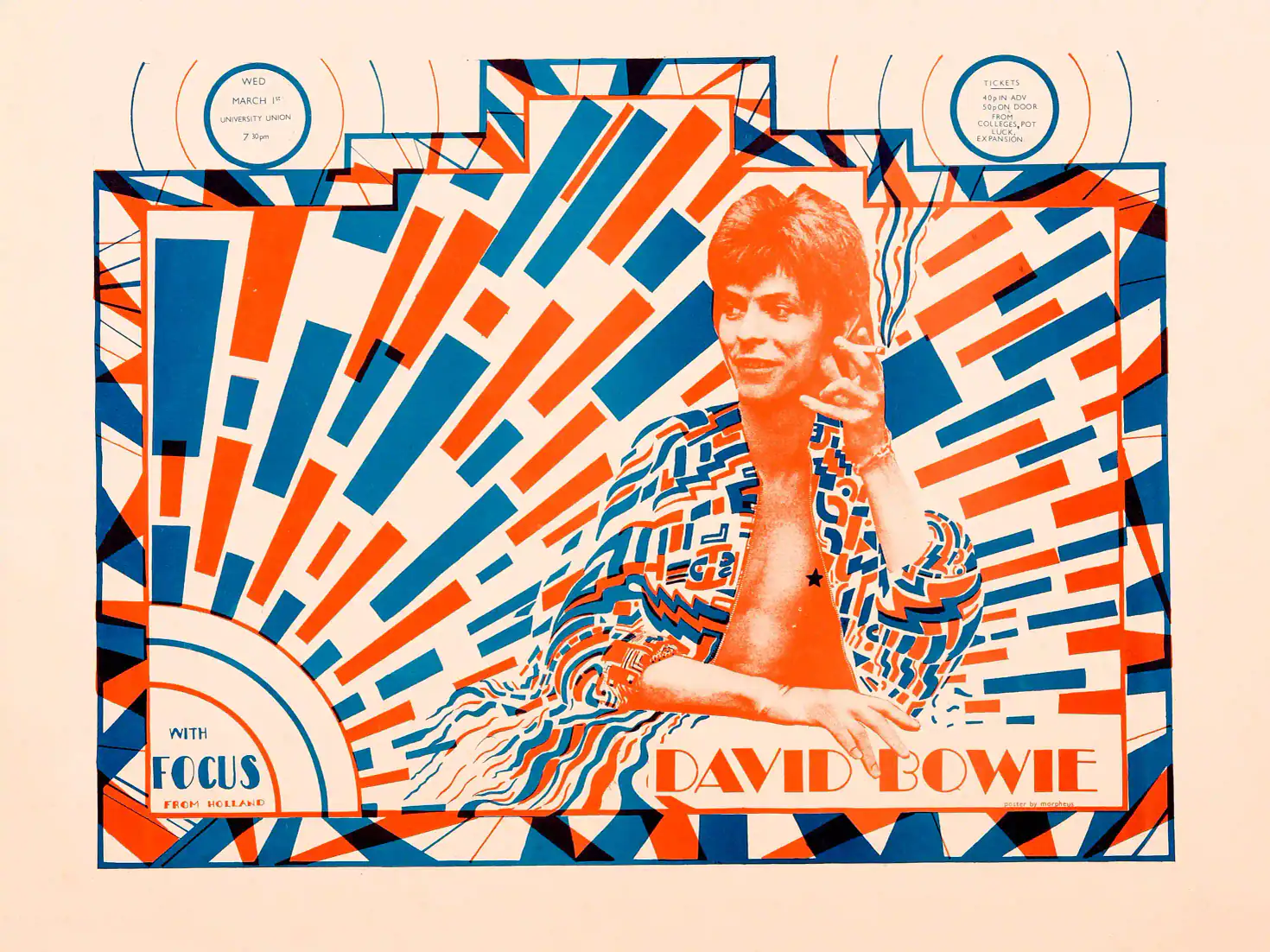 David Bowie, Ziggy Stardust University Union Concert Poster (1972) featuring white, orange, and gray vertical artwork.