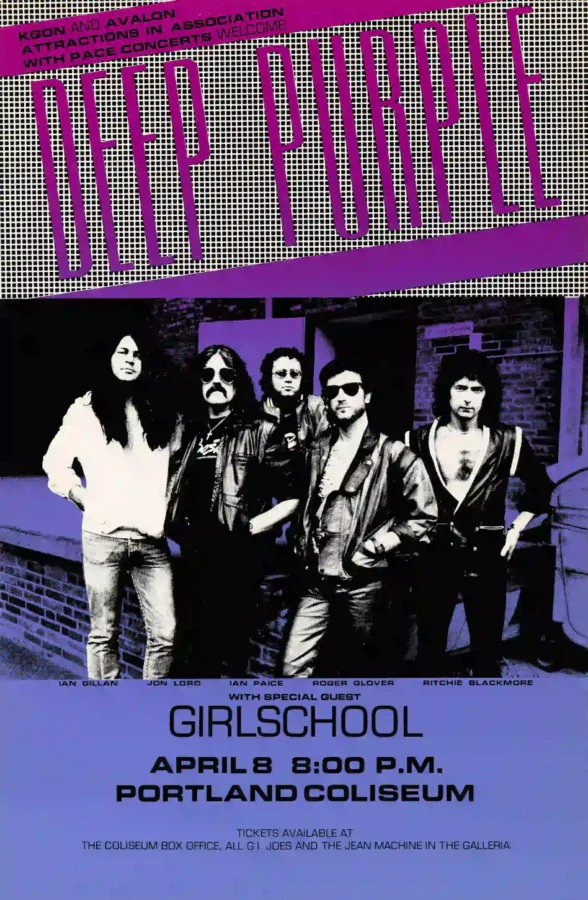 Deep Purple 1985 Strangers Era Portland, OR Concert Poster featuring black, blue, and gray vertical artwork.