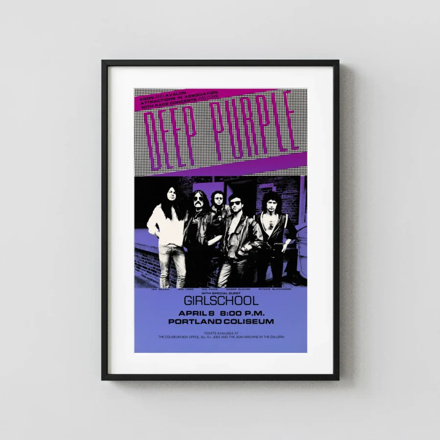 Deep Purple 1985 Strangers Era Portland, OR Concert Poster featuring black, blue, and gray vertical artwork.