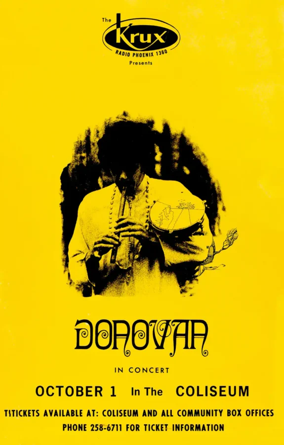 Donovan 1968 the Hurdy Gurdy Man Era Phoenix, AZ Concert Poster featuring yellow, black, and white vertical artwork.