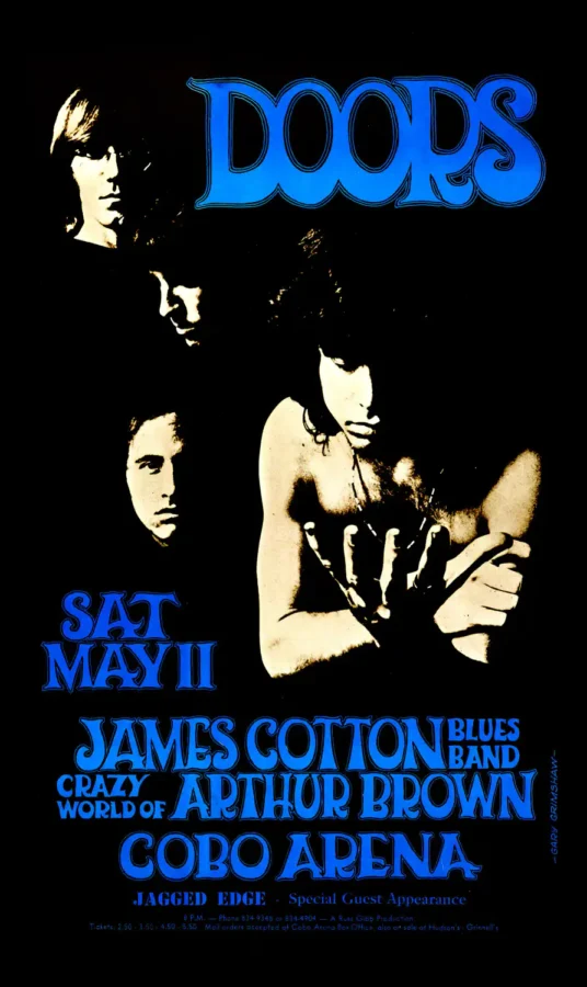 Doors, James Cotton Blues Band, Crazy World of poster with black, navy, and gray artwork and period lettering.