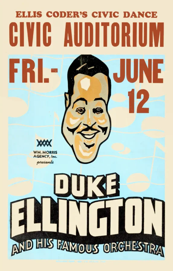 Duke Ellington 1942 Classic Art-Deco Concert Poster featuring teal, orange, and black vertical artwork.