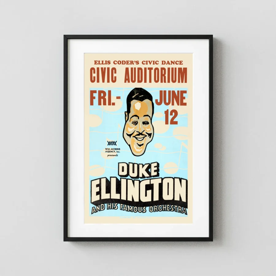 Duke Ellington 1942 Classic Art-Deco Concert Poster featuring teal, orange, and black vertical artwork.