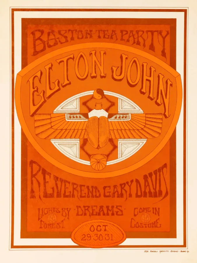Elton John 1970 Debut American Tour Boston Tea Party Concert Poster featuring orange and cream vertical artwork.