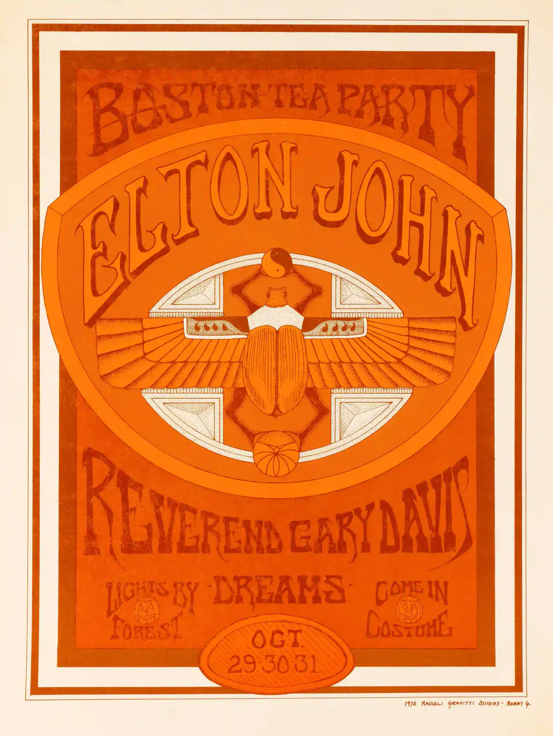 Elton John 1970 Debut American Tour Boston Tea Party Concert Poster featuring orange and cream vertical artwork.