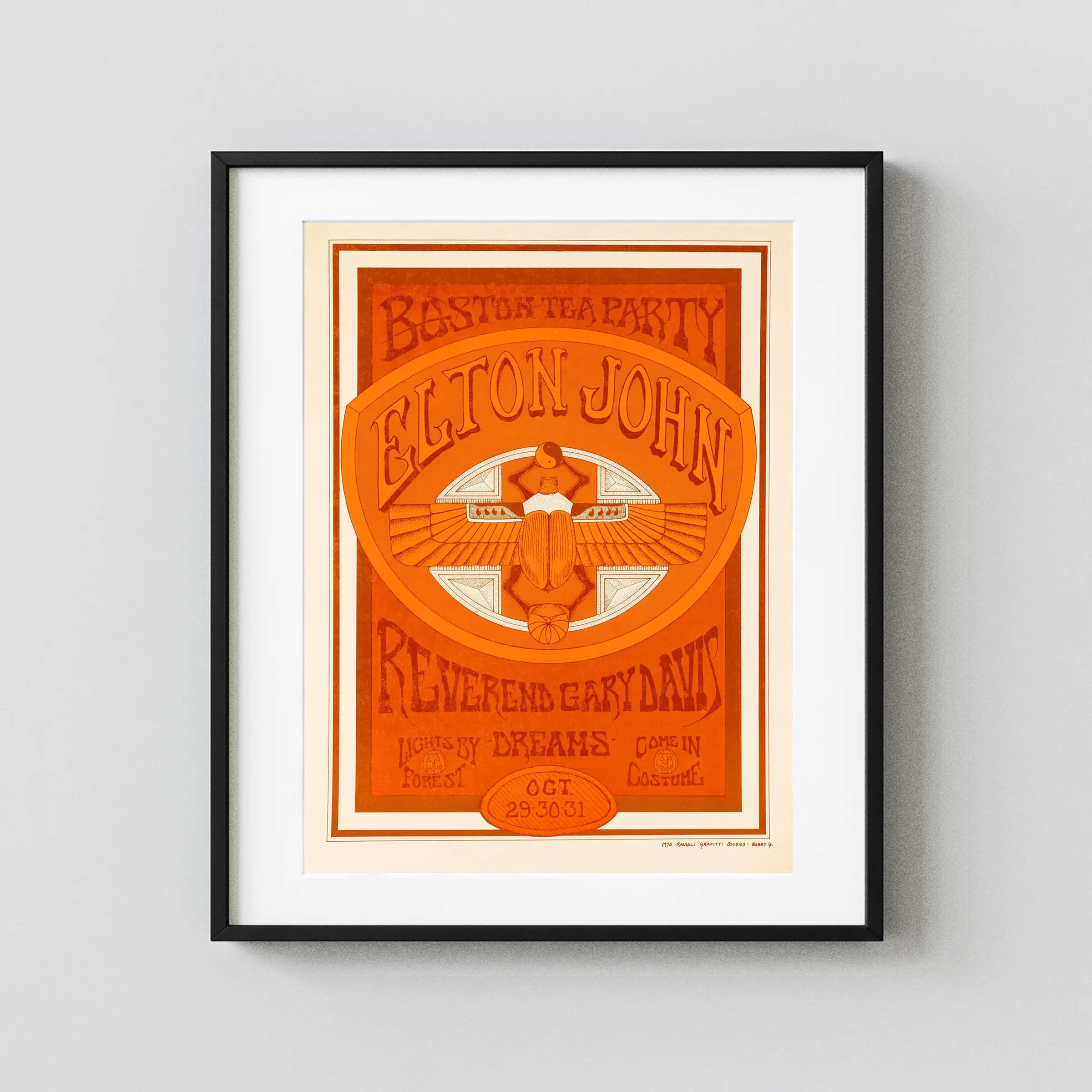 Elton John 1970 Debut American Tour Boston Tea Party Concert Poster featuring orange and cream vertical artwork.