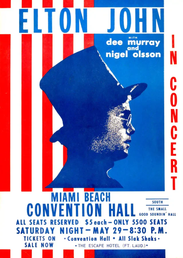 Elton John 1971 Early Miami Beach, FL Concert Poster featuring white, blue, and navy vertical artwork.