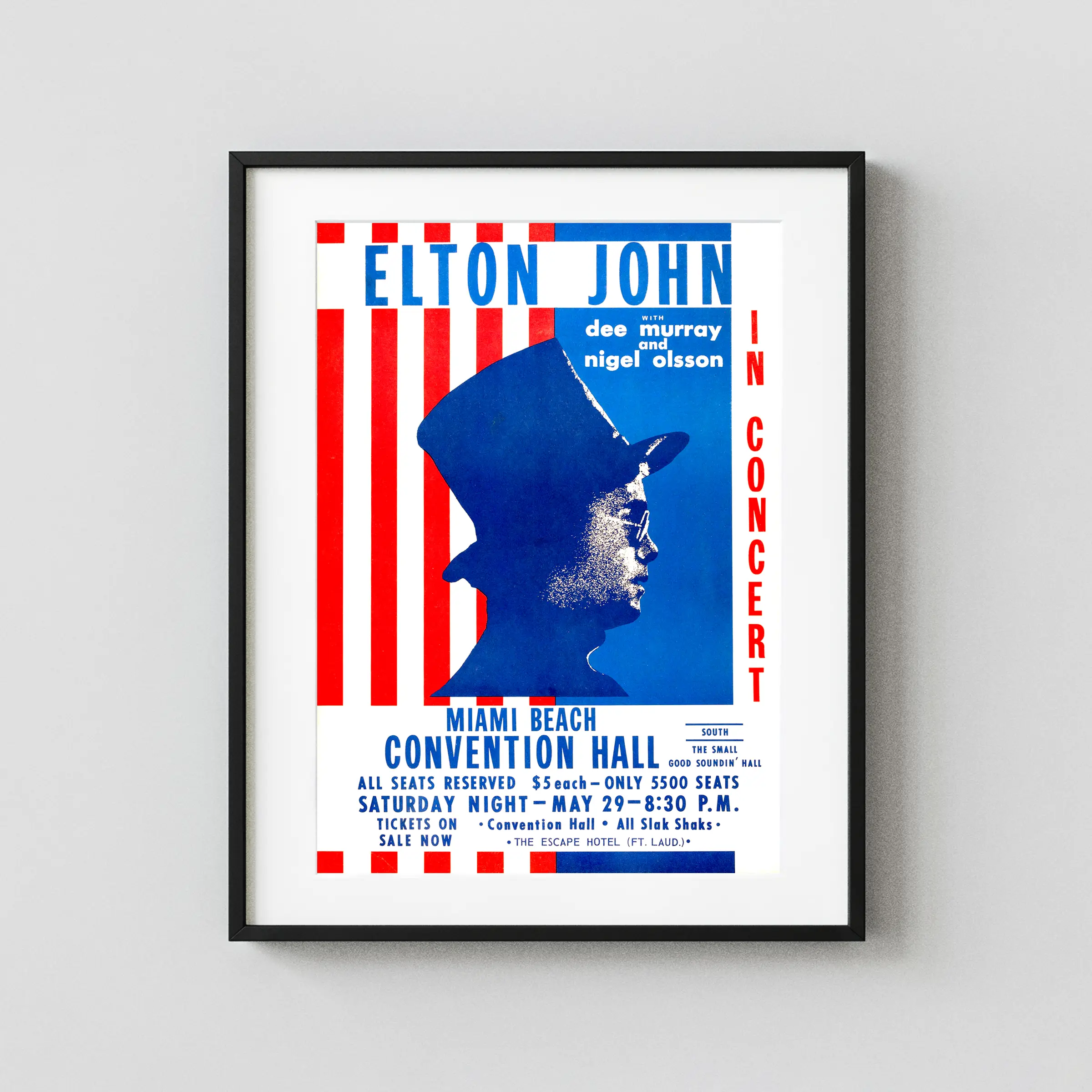 Elton John 1971 Early Miami Beach, FL Concert Poster featuring white, blue, and navy vertical artwork.