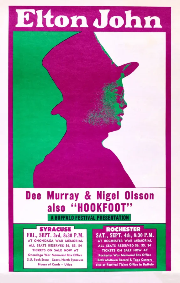 Elton John 1971 New York State Concert Poster featuring white, magenta, and teal vertical artwork.