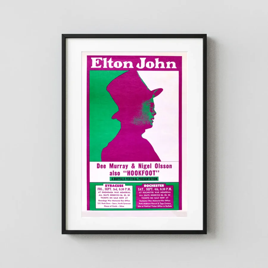 Elton John 1971 New York State Concert Poster featuring white, magenta, and teal vertical artwork.