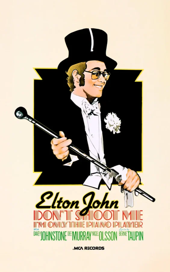 Elton John poster with cream, black, and orange artwork and period lettering.