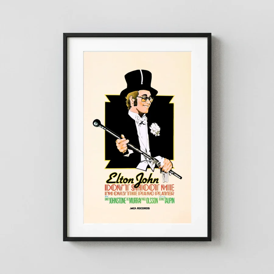 Elton John poster with cream, black, and orange artwork and period lettering.