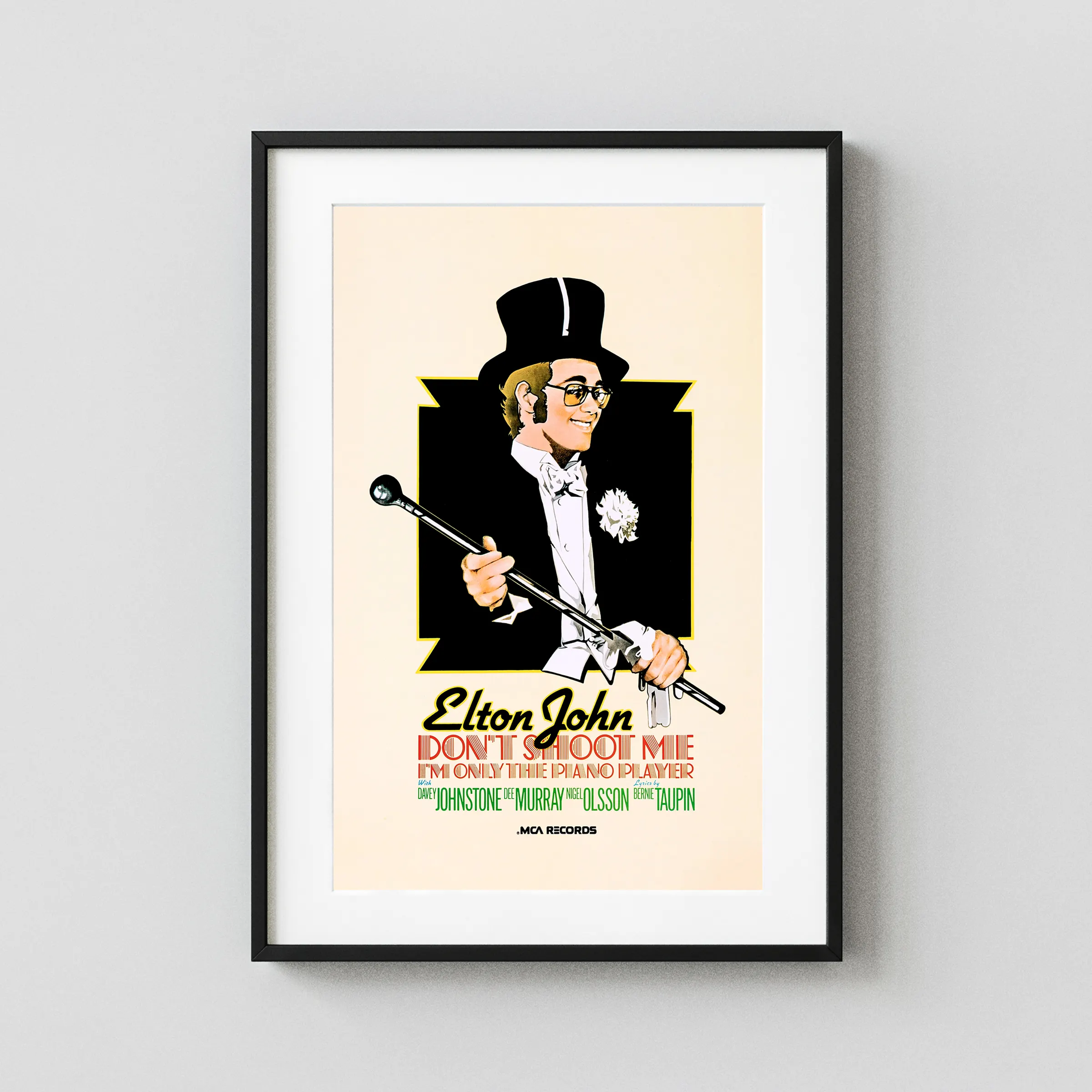 Elton John poster with cream, black, and orange artwork and period lettering.