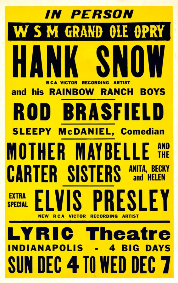 Elvis Presley 1955 Indianapolis, IN "New RCA Victor Recording Artist" Poster featuring yellow and white vertical artwork.