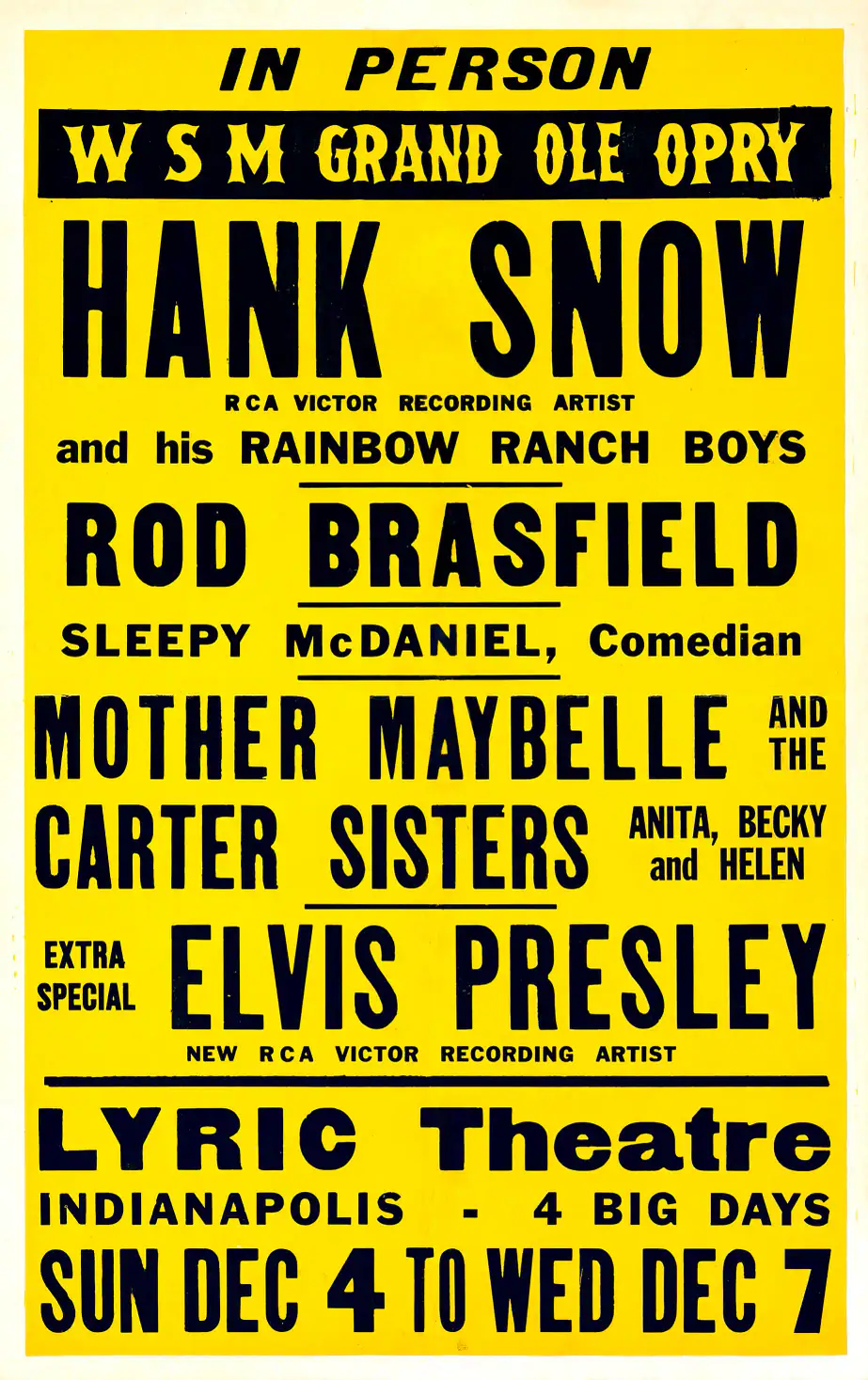 Elvis Presley 1955 Indianapolis, IN "New RCA Victor Recording Artist" Poster featuring yellow and white vertical artwork.