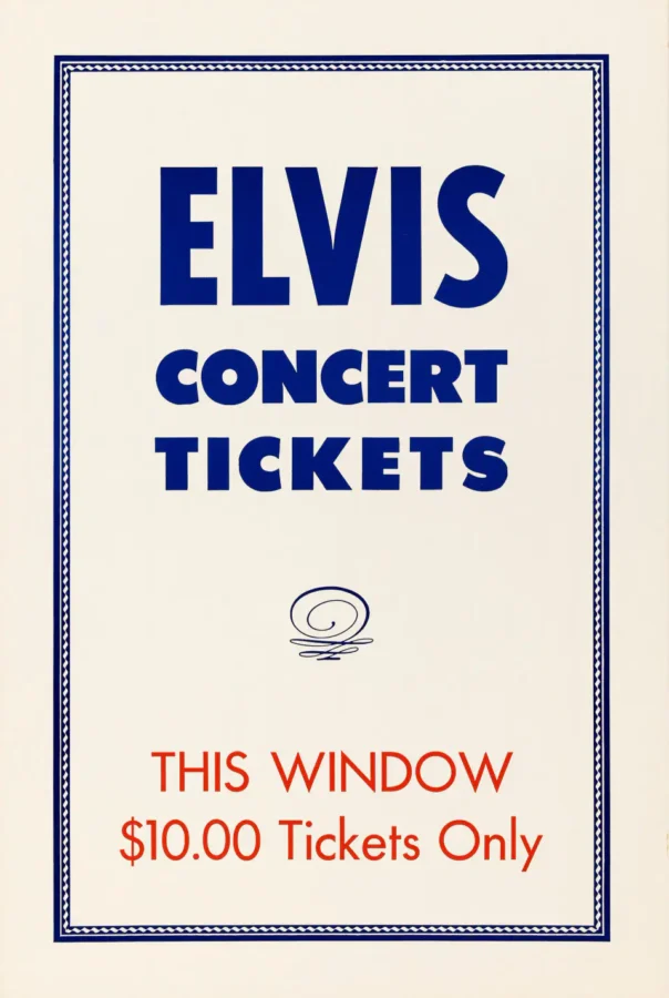Elvis Presley 1970s Generic Box-Office "$10.00 Tickets" Poster featuring rose, light gray, and blue vertical artwork.