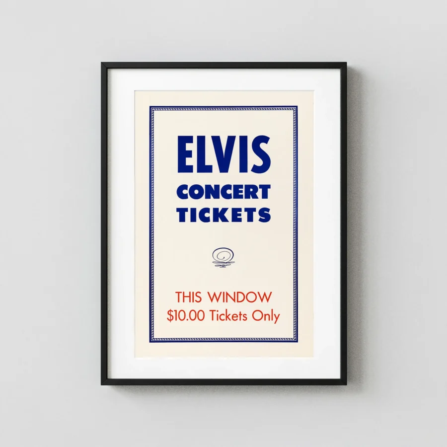 Elvis Presley 1970s Generic Box-Office "$10.00 Tickets" Poster featuring rose, light gray, and blue vertical artwork.