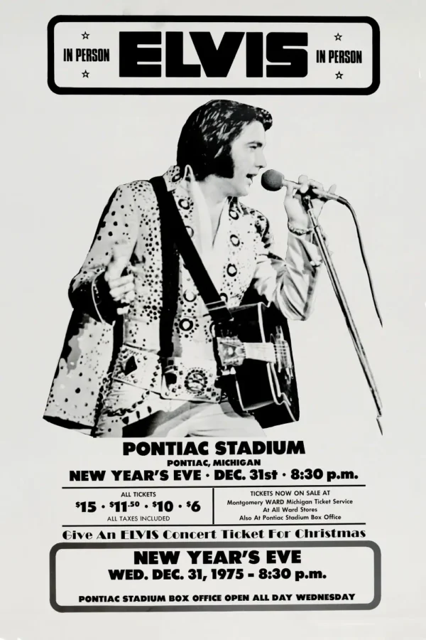 Elvis Presley 1975 Pontiac, MI New Year's Eve Concert Poster featuring light gray, gray, and slate gray vertical artwork.