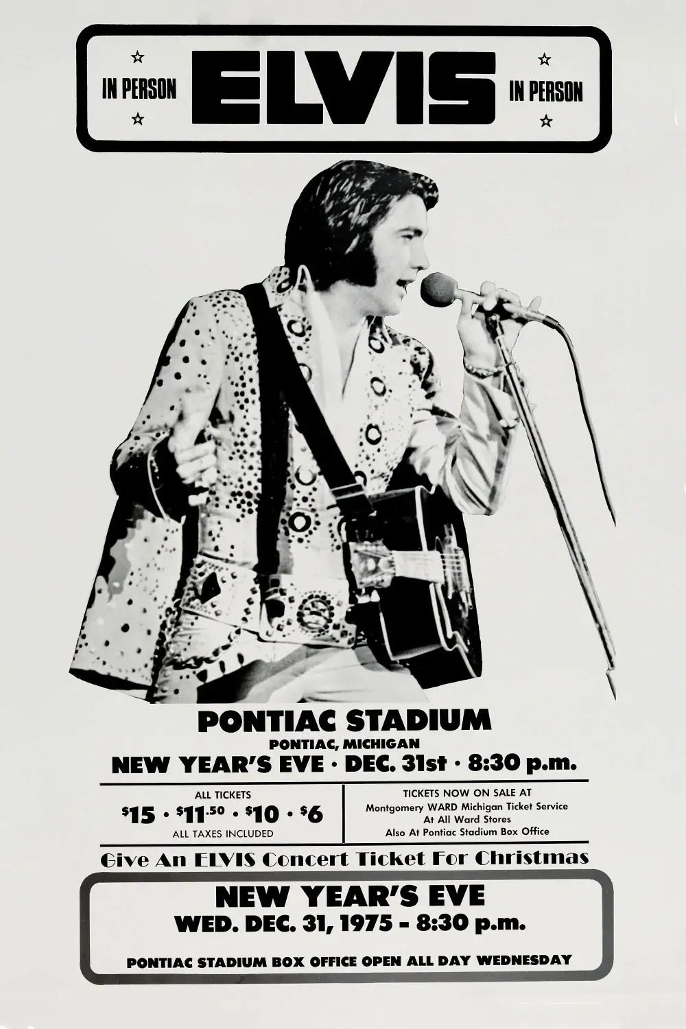 Elvis Presley 1975 Pontiac, MI New Year's Eve Concert Poster featuring light gray, gray, and slate gray vertical artwork.