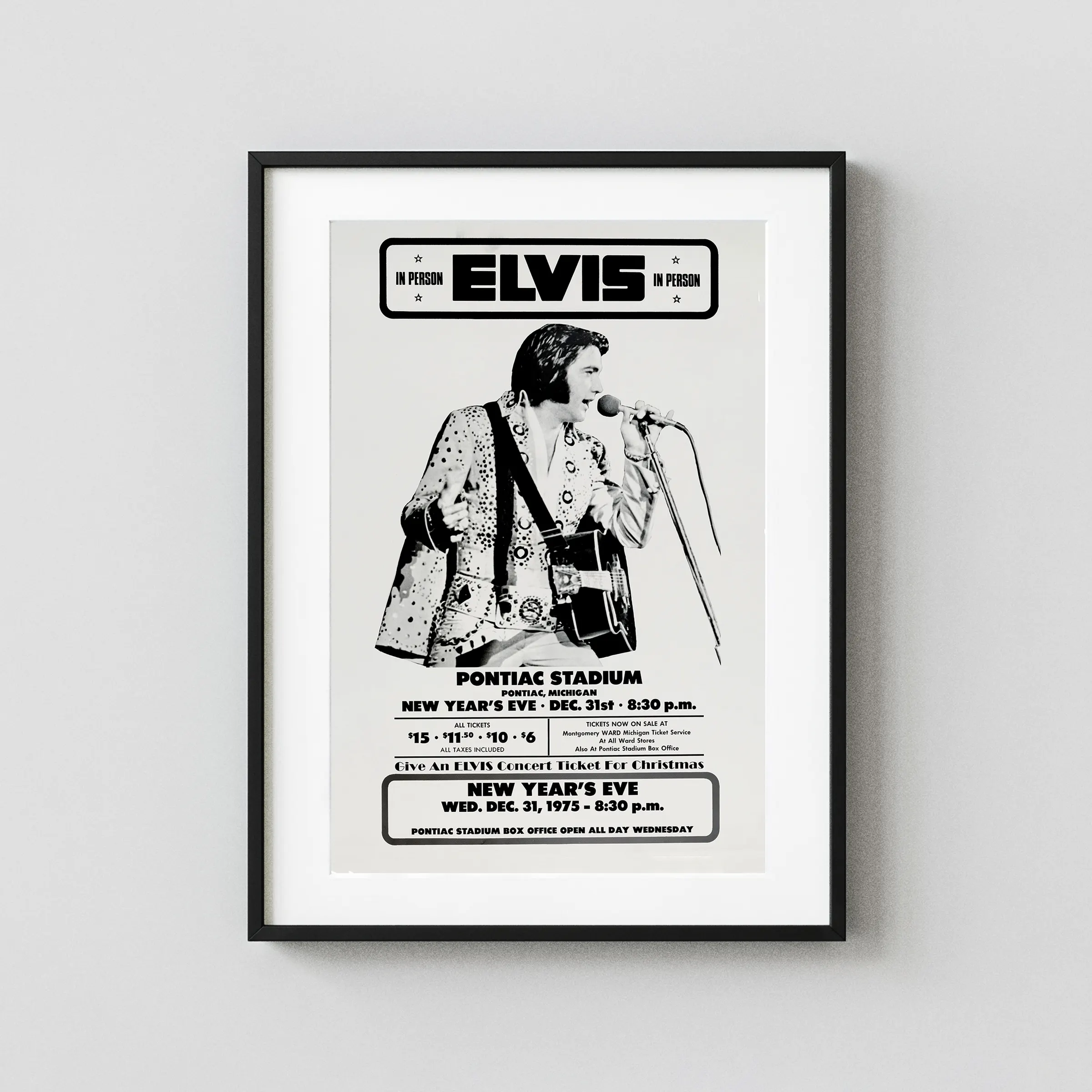 Elvis Presley 1975 Pontiac, MI New Year's Eve Concert Poster featuring light gray, gray, and slate gray vertical artwork.