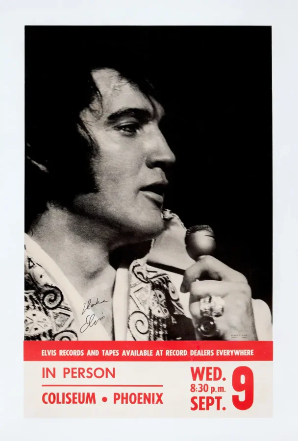 Elvis Presley Phoenix Concert Poster (1970) featuring black, white, and gray vertical artwork.