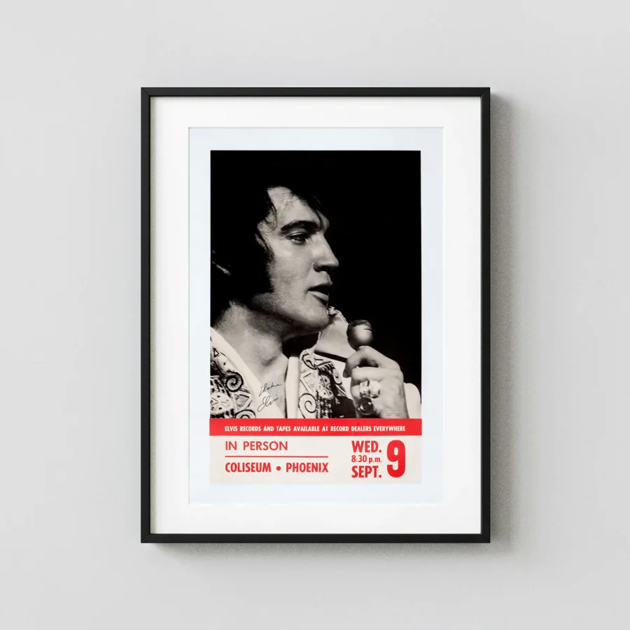 Elvis Presley Phoenix Concert Poster (1970) featuring black, white, and gray vertical artwork.