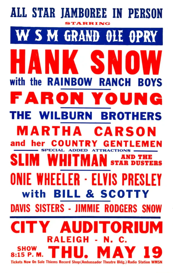 Elvis Presley WSM Grand Ole Opry City Auditorium Concert Poster (1955) featuring white, rose, and blue vertical artwork.