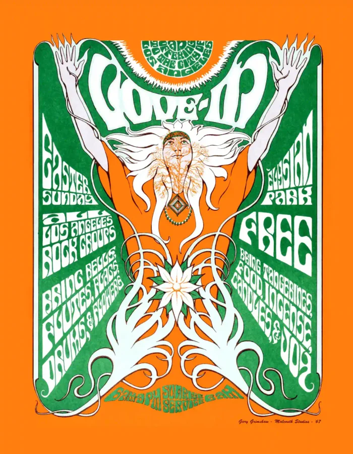 Elysian Park Love-In 1967 L.A. Event, Concert Poster featuring orange, white, and green vertical artwork.