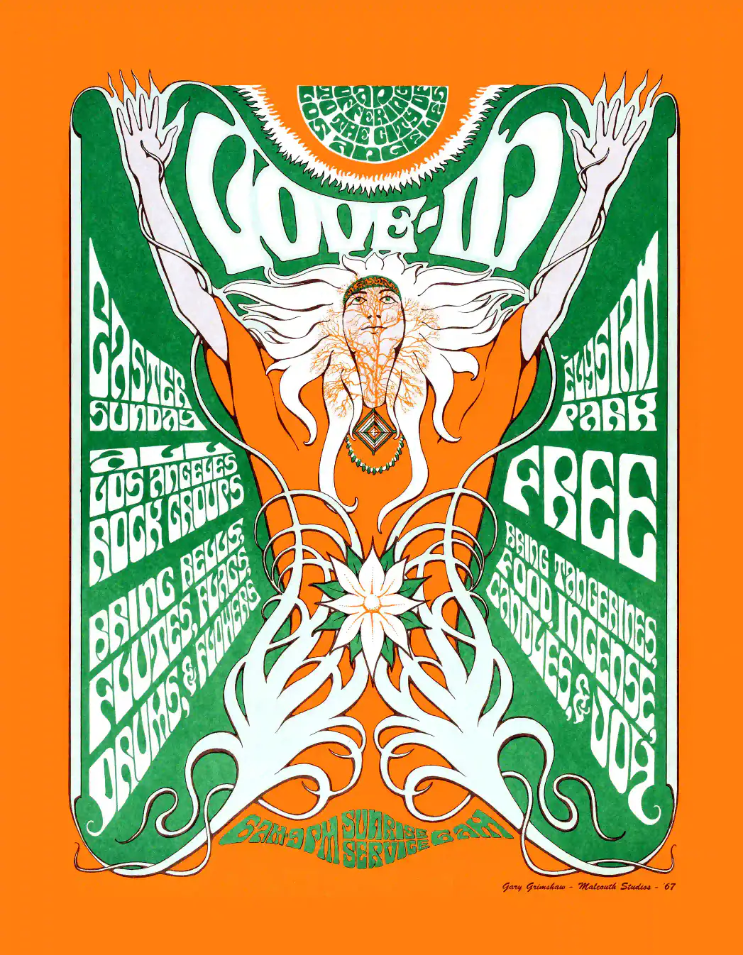 Elysian Park Love-In 1967 L.A. Event, Concert Poster featuring orange, white, and green vertical artwork.