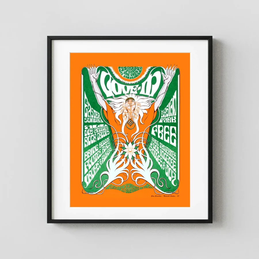 Elysian Park Love-In 1967 L.A. Event, Concert Poster featuring orange, white, and green vertical artwork.