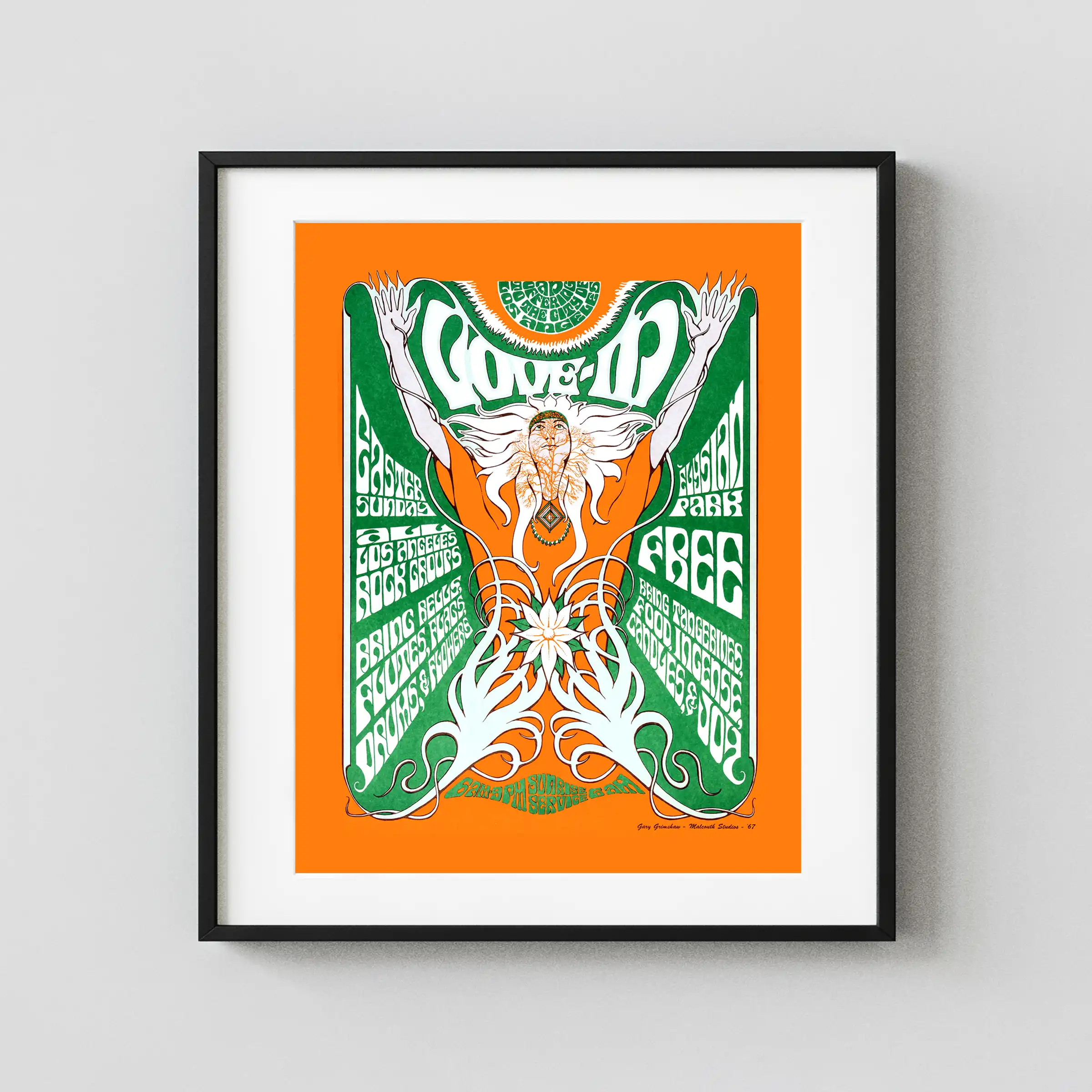 Elysian Park Love-In 1967 L.A. Event, Concert Poster featuring orange, white, and green vertical artwork.