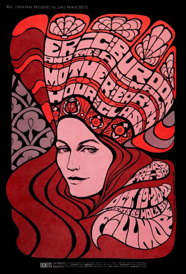 Eric Burdon & Animals, Duane & Gregg Allman 1967 Fillmore Poster featuring black, red, and white vertical artwork.