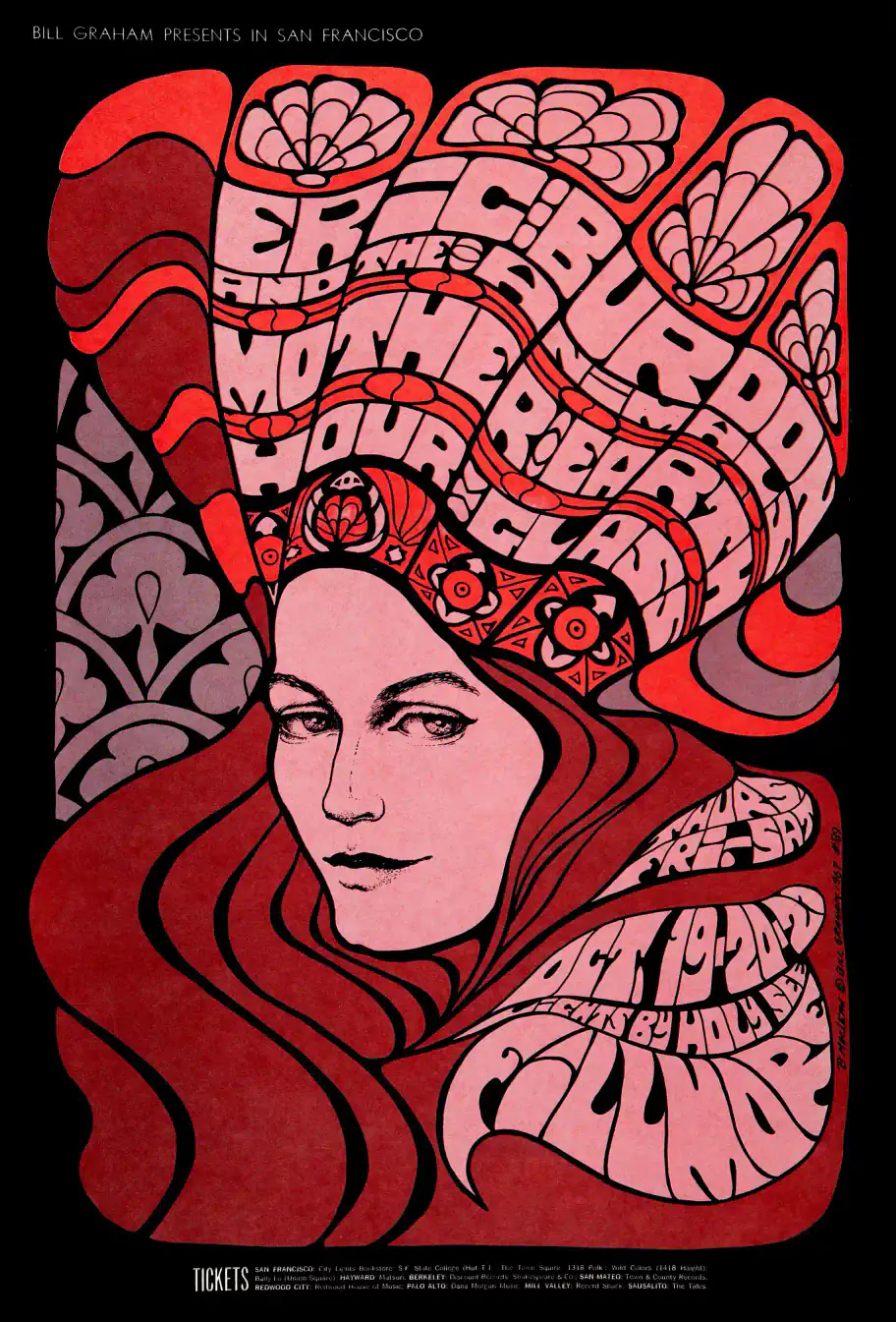 Eric Burdon & Animals, Duane & Gregg Allman 1967 Fillmore Poster featuring black, red, and white vertical artwork.