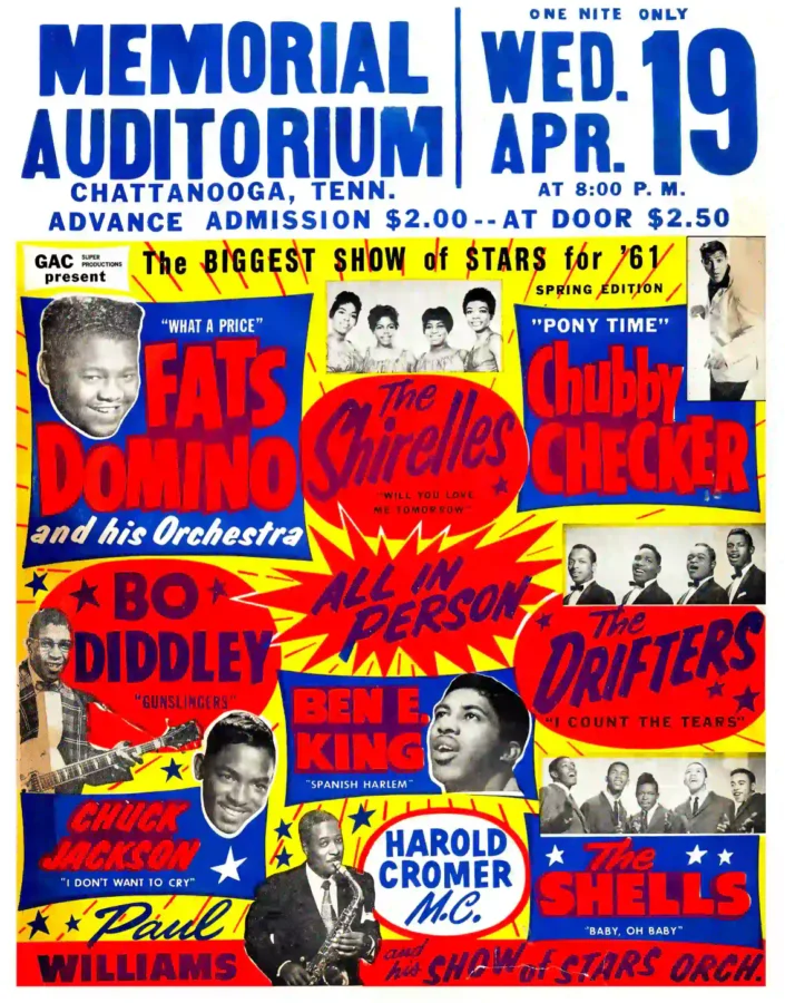 Fats Domino, Bo Diddley Biggest Show of Stars poster with white, red, and blue artwork and period lettering.